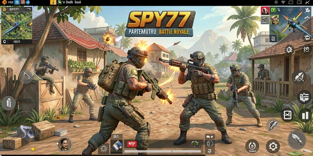 Screenshot gameplay SPY77 menampilkan aksi seru pertempuran Battle Royale.